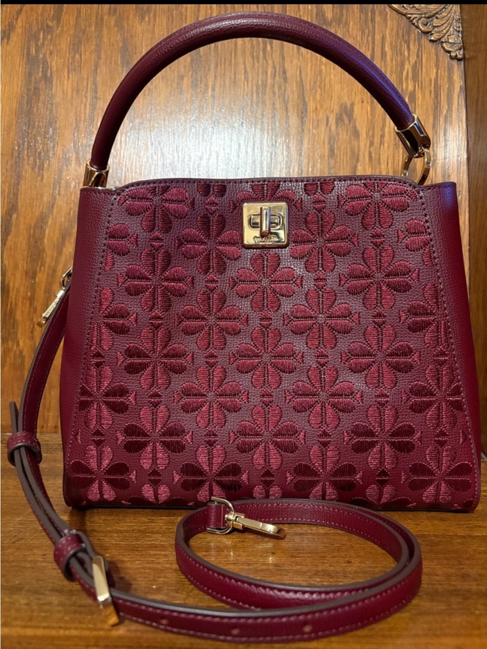NWOT-Kate Spade-Med Top Handle Satchel-Spade Flower Embroidery-Dark Merlot-$469
